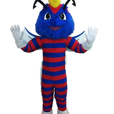 Costume de mascotte personnalisable de guêpe bleue rayée de rouge.