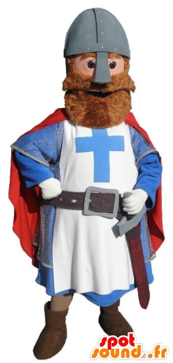 Costume de mascotte personnalisable de chevalier habillé en rouge, bleu et blanc.