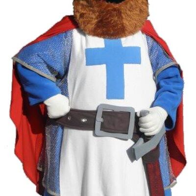 Costume de mascotte personnalisable de chevalier habillé en rouge, bleu et blanc.