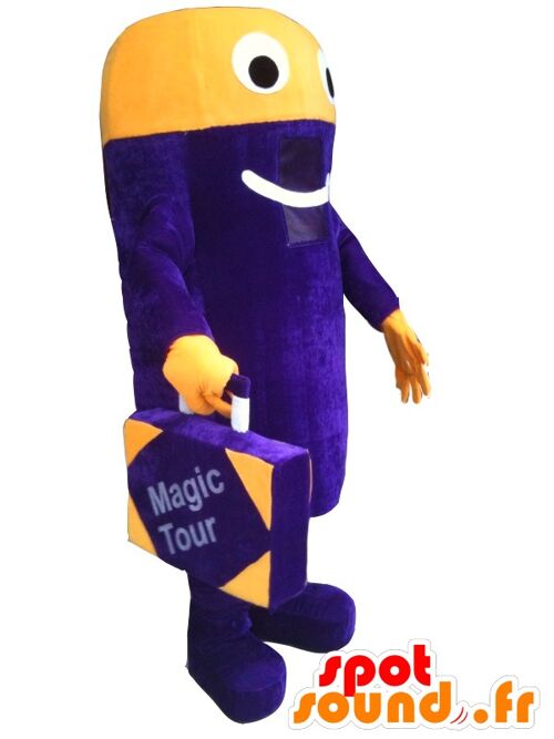 Costume de mascotte personnalisable de bonhomme violet et jaune avec une valise.
