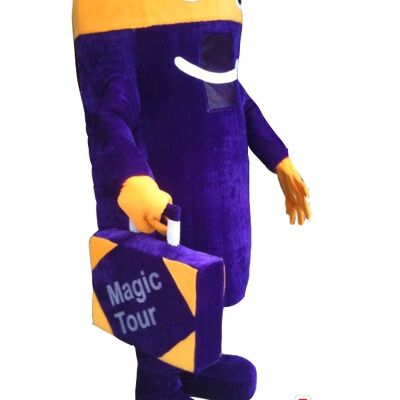 Costume de mascotte personnalisable de bonhomme violet et jaune avec une valise.