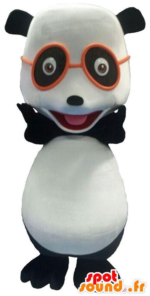 Costume de mascotte personnalisable de panda noir et blanc, avec des lunettes.