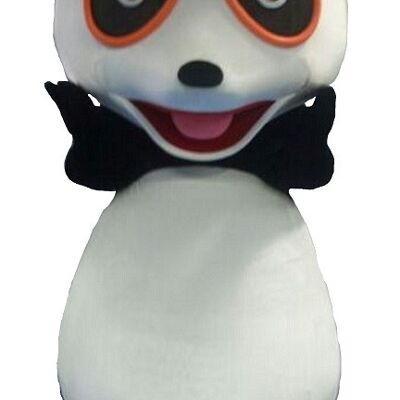 Costume de mascotte personnalisable de panda noir et blanc, avec des lunettes.
