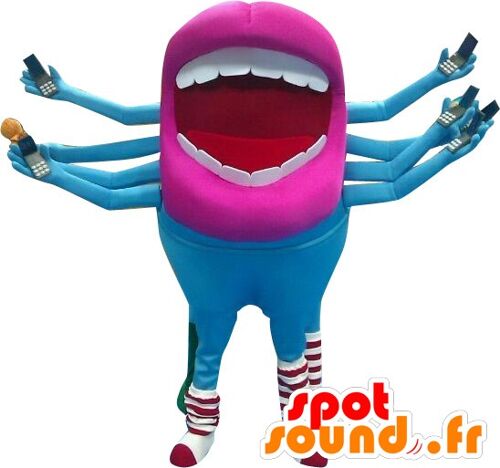 Costume de mascotte personnalisable de bouche bleue et rose, d'extra-terrestre.