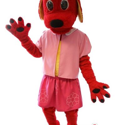 Costume de mascotte personnalisable de chien rouge habillé en rose.