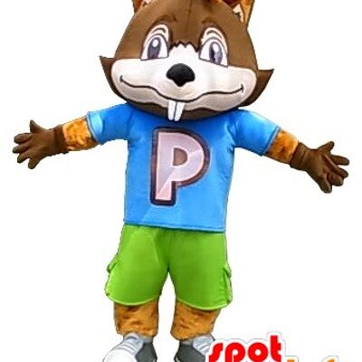 Costume de mascotte personnalisable de gros castor marron en tenue colorée.