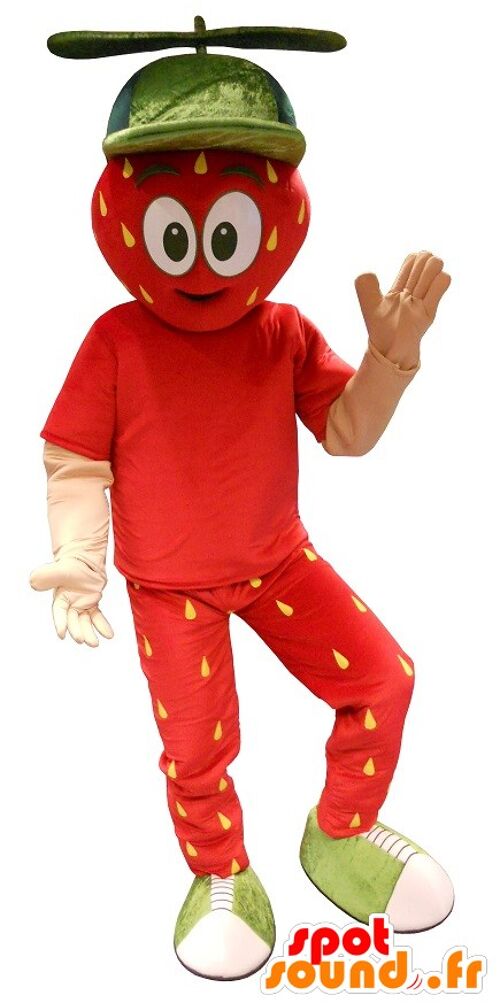 Costume de mascotte personnalisable rouge et jaune de fraise géante.