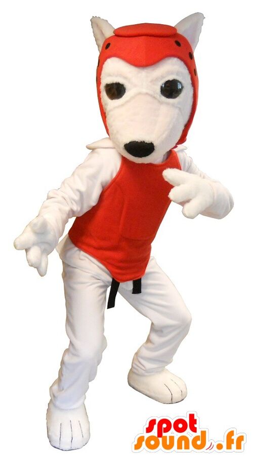 Costume de mascotte personnalisable de chien blanc en tenue de taekwondo.