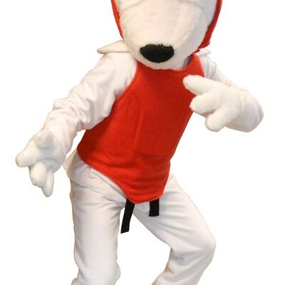 Costume de mascotte personnalisable de chien blanc en tenue de taekwondo.