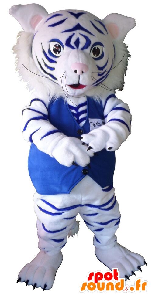 Costume de mascotte personnalisable de tigre blanc et bleu.