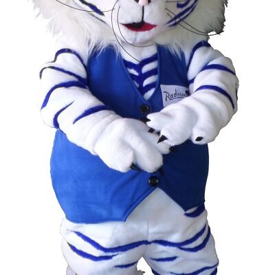 Costume de mascotte personnalisable de tigre blanc et bleu.