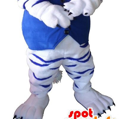 Costume de mascotte personnalisable de tigre blanc et bleu.
