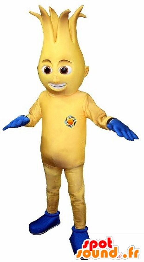 Costume de mascotte personnalisable de bonhomme jaune et bleu.