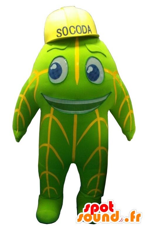 Costume de mascotte personnalisable Socoda, Costume de mascotte personnalisable verte et jaune.