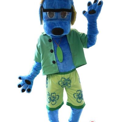 Costume de mascotte personnalisable de chien bleu, habillé en vert.