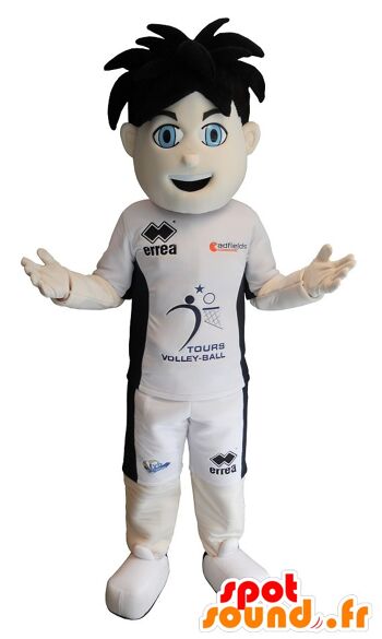 Costume de mascotte personnalisable de garçon sportif aux yeux bleus. 1