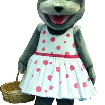 Costume de mascotte personnalisable de souris grise avec une robe à pois.