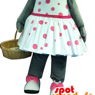 Costume de mascotte personnalisable de souris grise avec une robe à pois.
