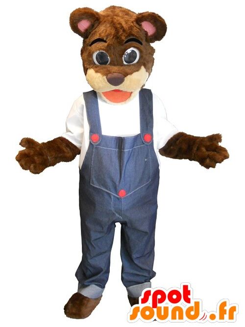 Costume de mascotte personnalisable d'ours brun en salopette.