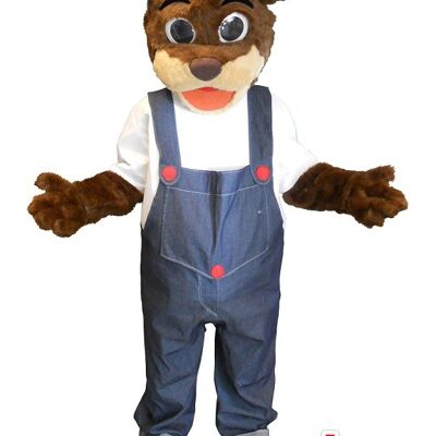 Costume de mascotte personnalisable d'ours brun en salopette.