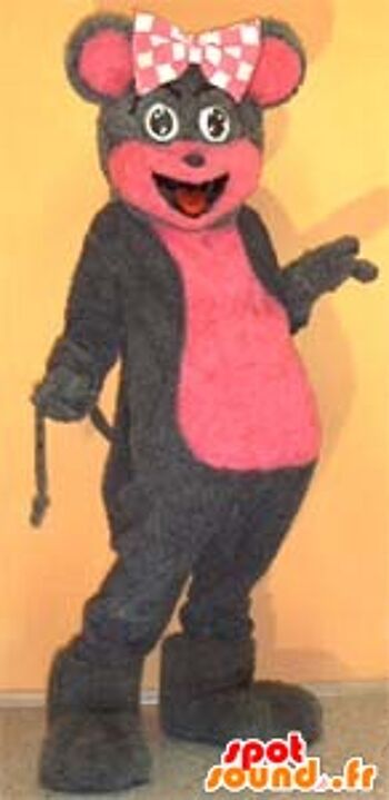 Costume de mascotte personnalisable de souris grise et rose.