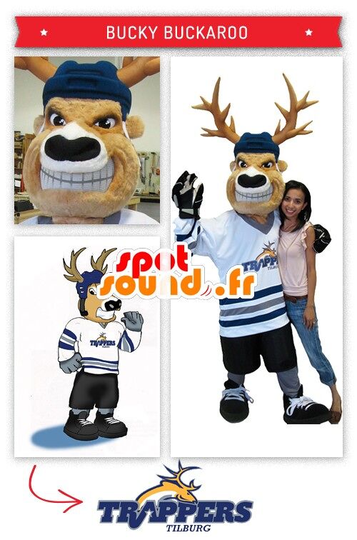 Costume de mascotte personnalisable de caribou, de joueur de hockey.