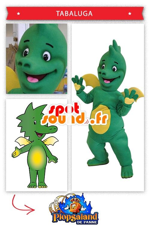 Costume de mascotte personnalisable de bébé dragon, vert et jaune.