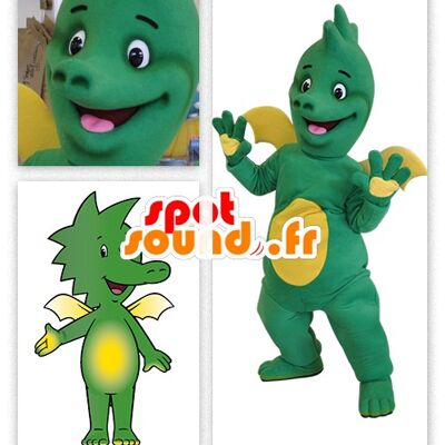 Costume de mascotte personnalisable de bébé dragon, vert et jaune.