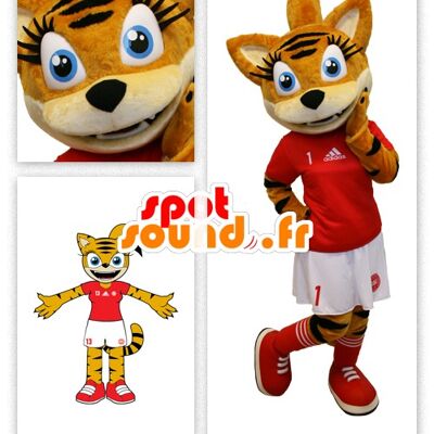 Costume de mascotte personnalisable de chat orange, tigré, en tenue de pom-pom girl.