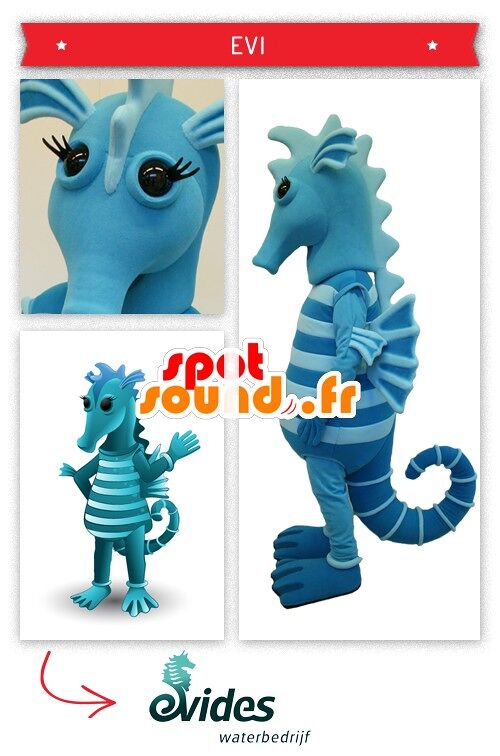 Costume de mascotte personnalisable d'hippocampe, bleu bicolore.