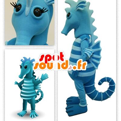 Costume de mascotte personnalisable d'hippocampe, bleu bicolore.