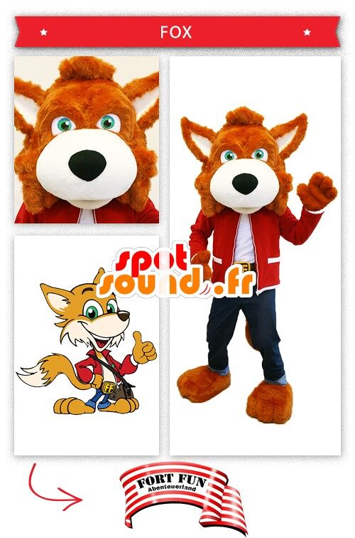 Costume de mascotte personnalisable de renard orange, habillé en jean.