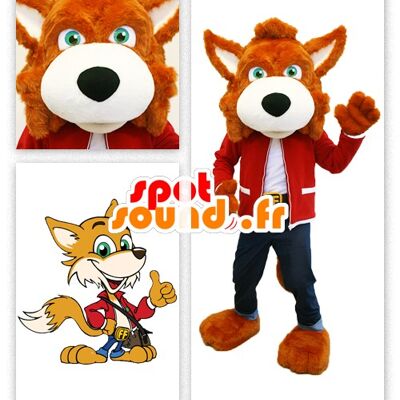 Costume de mascotte personnalisable de renard orange, habillé en jean.