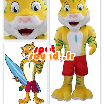 Costume de mascotte personnalisable de tigre jaune et vert avec un short de bain.