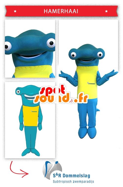 Costume de mascotte personnalisable de requin marteau, avec un t-shirt jaune.