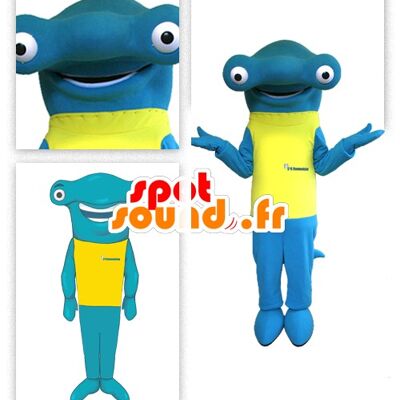 Costume de mascotte personnalisable de requin marteau, avec un t-shirt jaune.