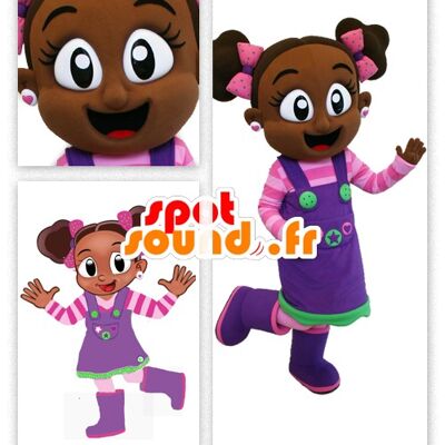 Costume de mascotte personnalisable de fillette africaine, en tenue rose et violette.