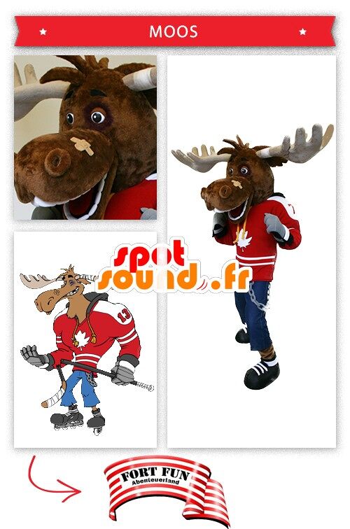 Costume de mascotte personnalisable de caribou, joueur de hockey.