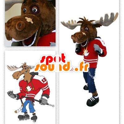Costume de mascotte personnalisable de caribou, joueur de hockey.