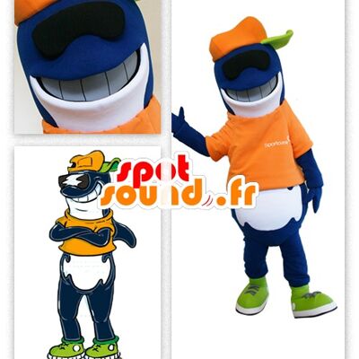Costume de mascotte personnalisable de requin bleu et blanc, d'orque.