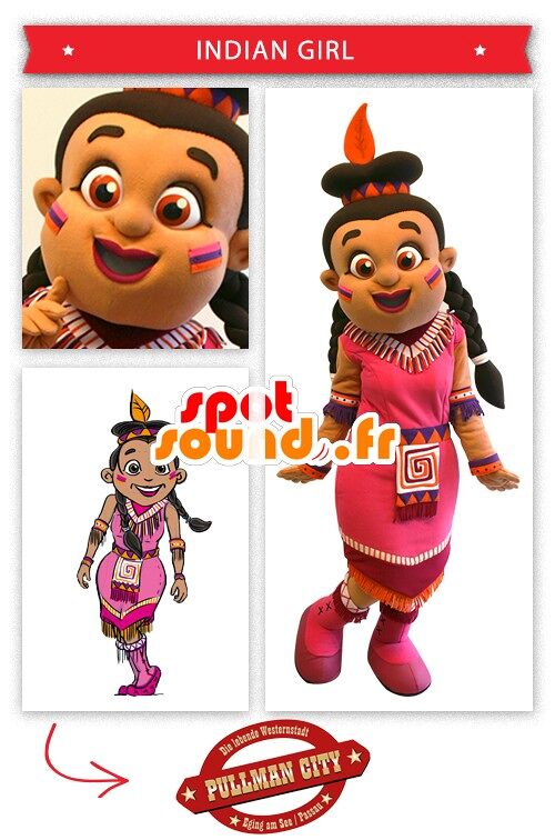 Costume de mascotte personnalisable d'indienne, habillée d'une robe rose.