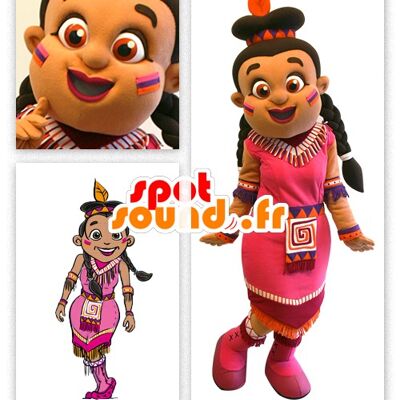 Costume de mascotte personnalisable d'indienne, habillée d'une robe rose.