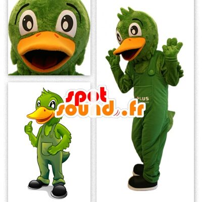 Costume de mascotte personnalisable de canard vert en salopette.