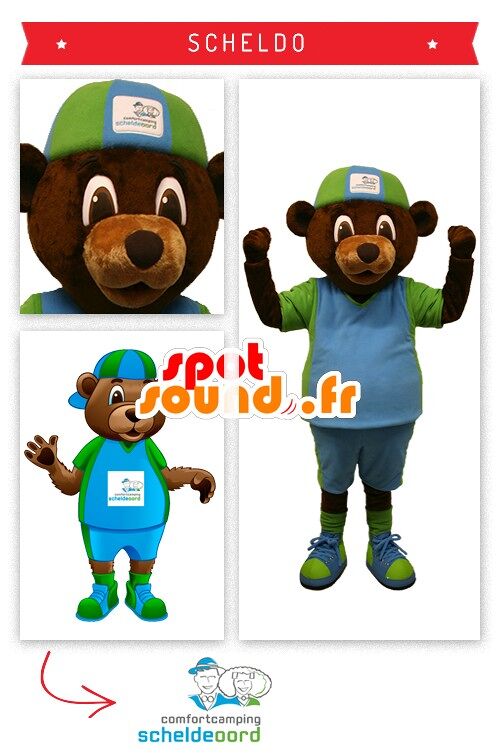 Costume de mascotte personnalisable d'ours marron en tenue verte et bleue.
