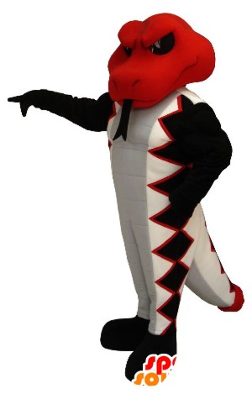 Costume de mascotte personnalisable de serpent rouge, blanc et noir.