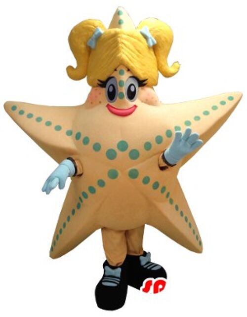 Costume de mascotte personnalisable d'étoile de mer géante, saumon et jaune.