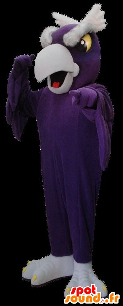 Costume de mascotte personnalisable d'oiseau, de vautour violet et gris.
