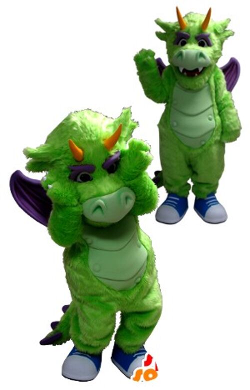 Costume de mascotte personnalisable de dragon vert et violet.