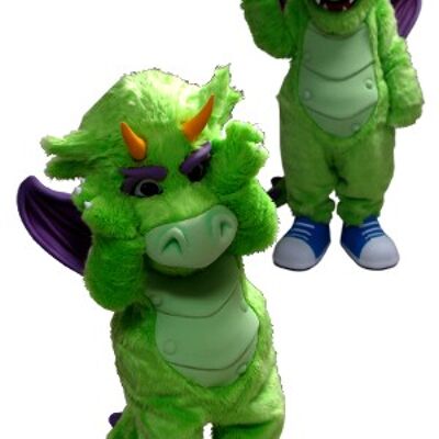 Costume de mascotte personnalisable de dragon vert et violet.