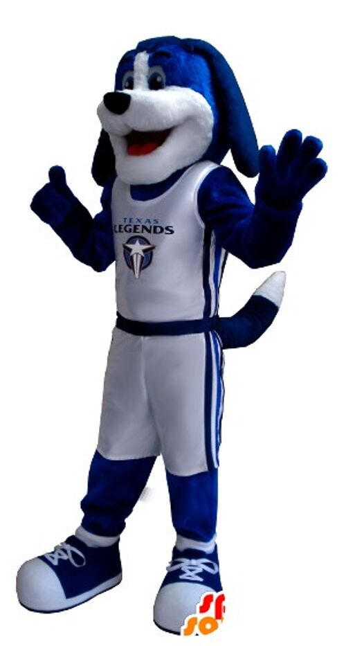 Costume de mascotte personnalisable de chien bleu et blanc.